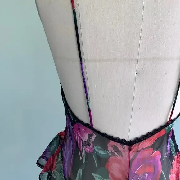 1980s Dark Floral Sheer Teddy & Bed Jacket Lucie Ann II Vintage Lingerie - Picture 7 of 9